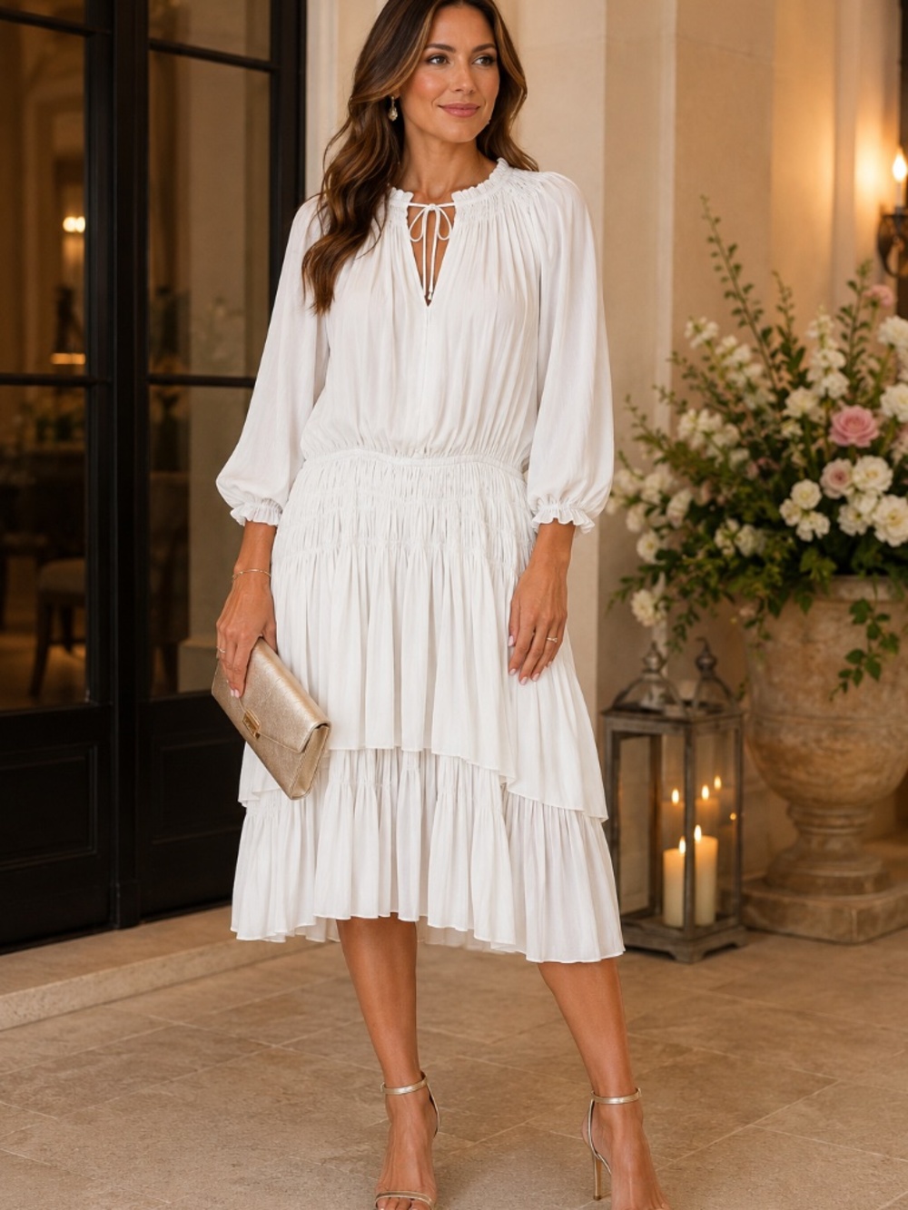 Anthropology Current Air dress white L tiered frills tie event date night luxury